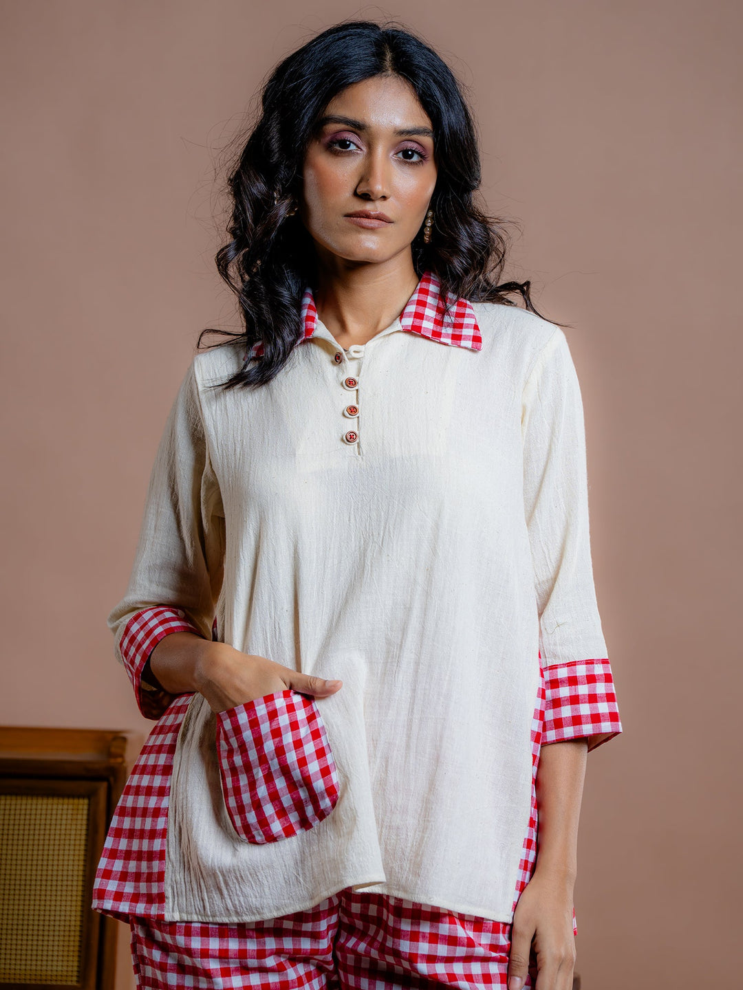 Off-White-&-Red-Cotton-Shirt-Style-Co-Ord-Set