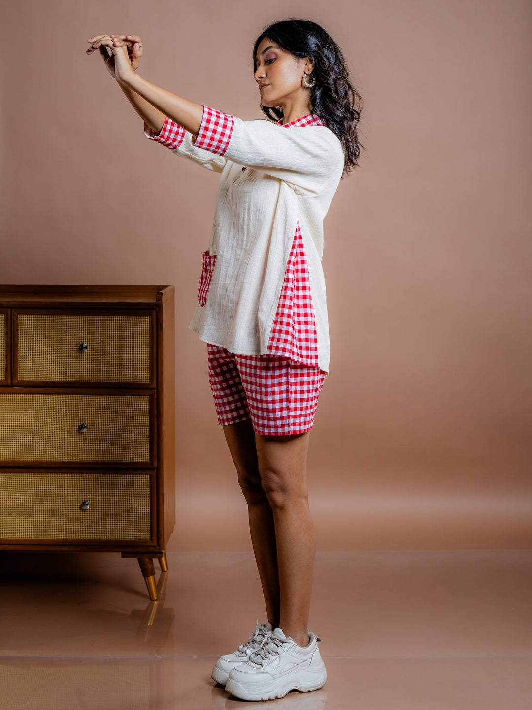 Off-White-&-Red-Cotton-Shirt-Style-Co-Ord-Set