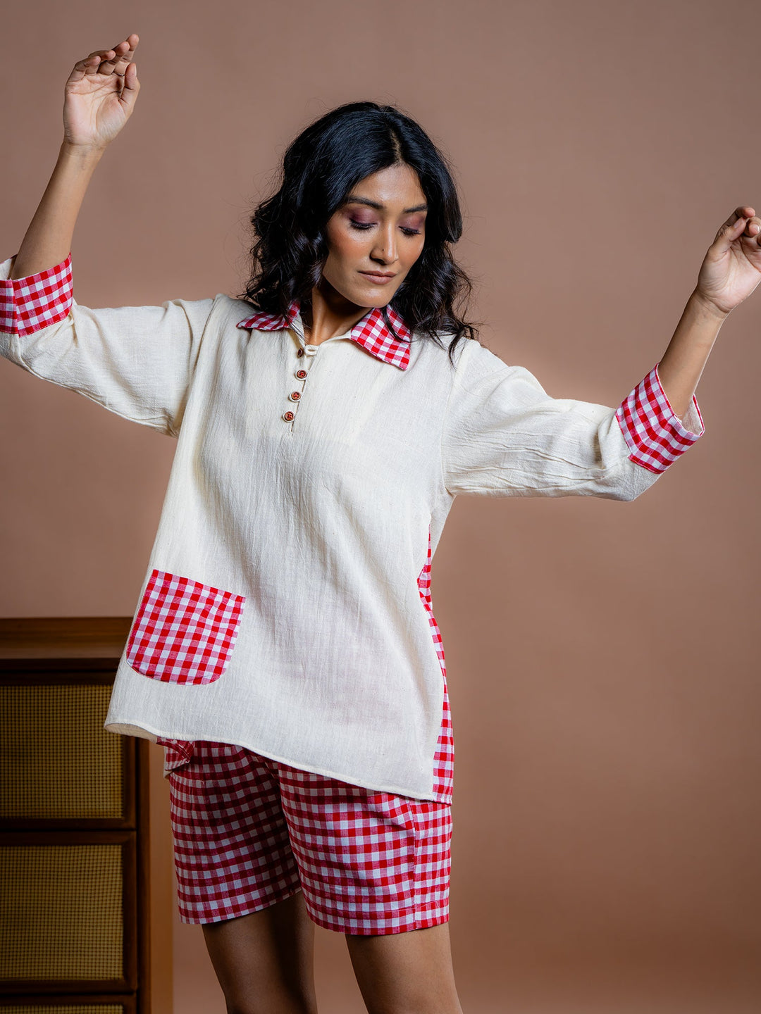 Off-White-&-Red-Cotton-Shirt-Style-Co-Ord-Set