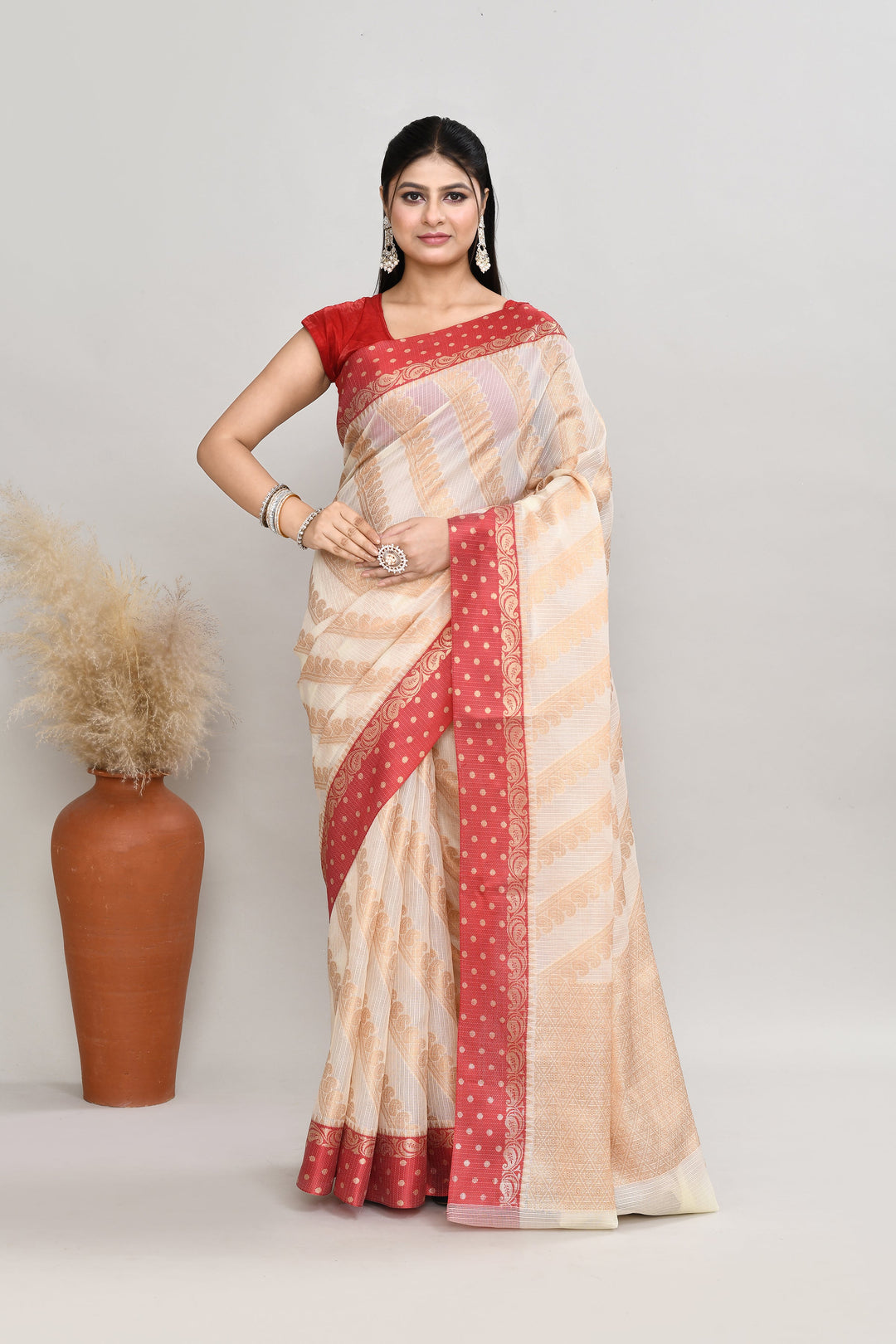 Off-White-Kota-Silk-Red-Border-Banarasi-Zari-Work-Saree
