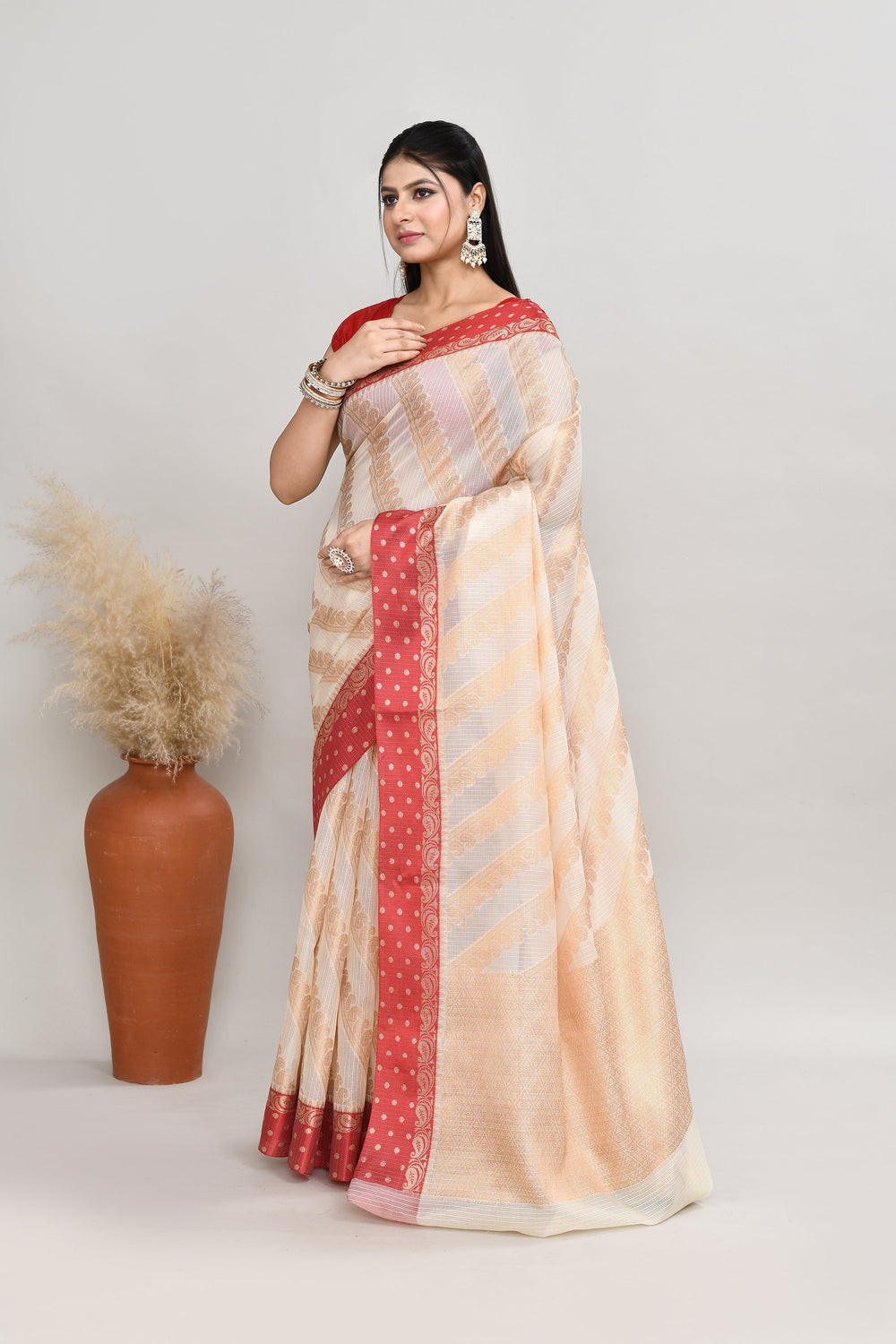 Off-White-Kota-Silk-Red-Border-Banarasi-Zari-Work-Saree
