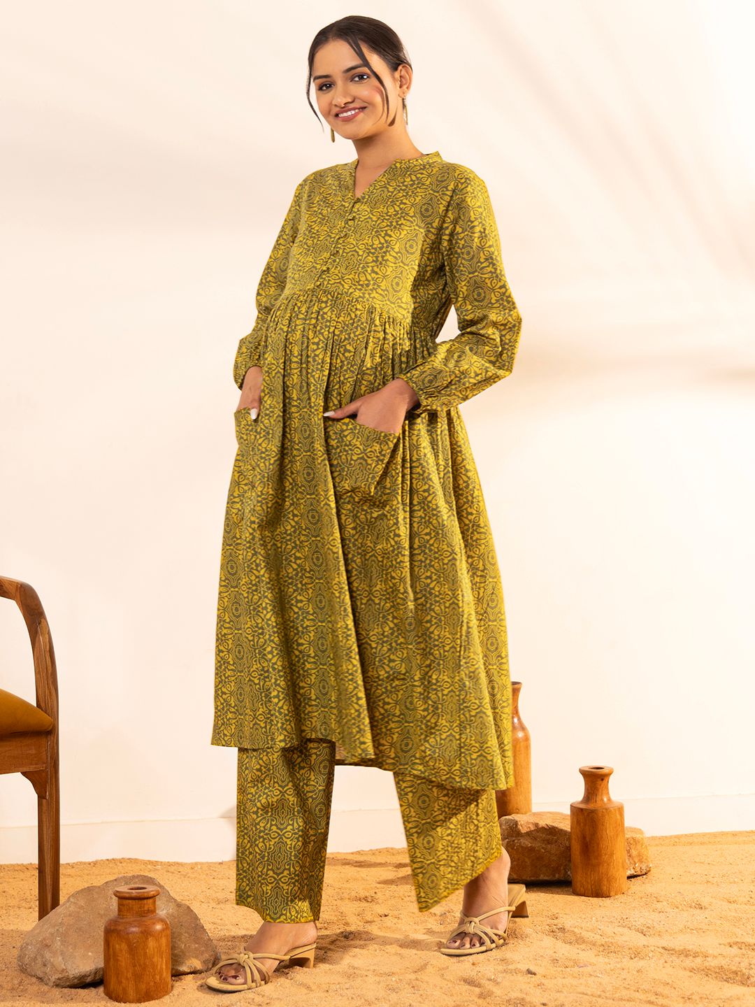 ZERESOUQ-Olive-Green-Cotton-Printed-Gathered-2-Piece-Kurta-Set