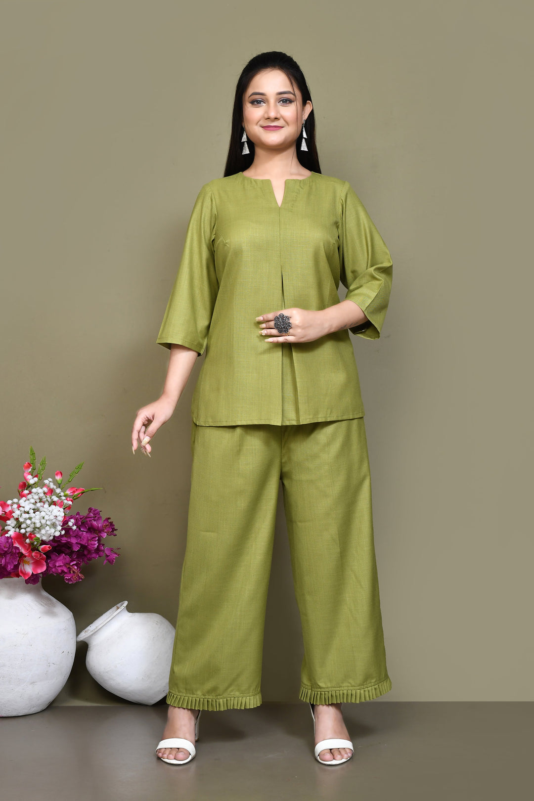 Olive-Green-Cotton-Slub-Solid-Co-ord-Sets