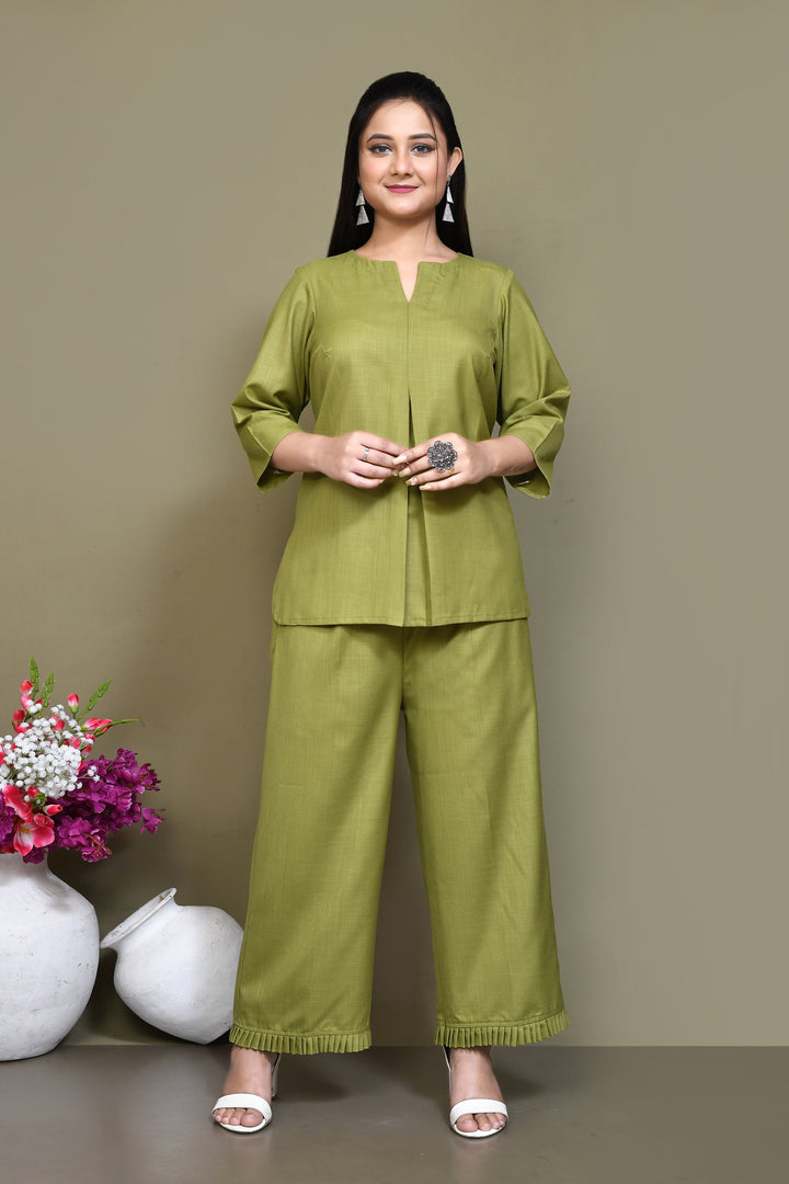 ZERESOUQ-Olive-Green-Cotton-Slub-Solid-Co-ord-Sets