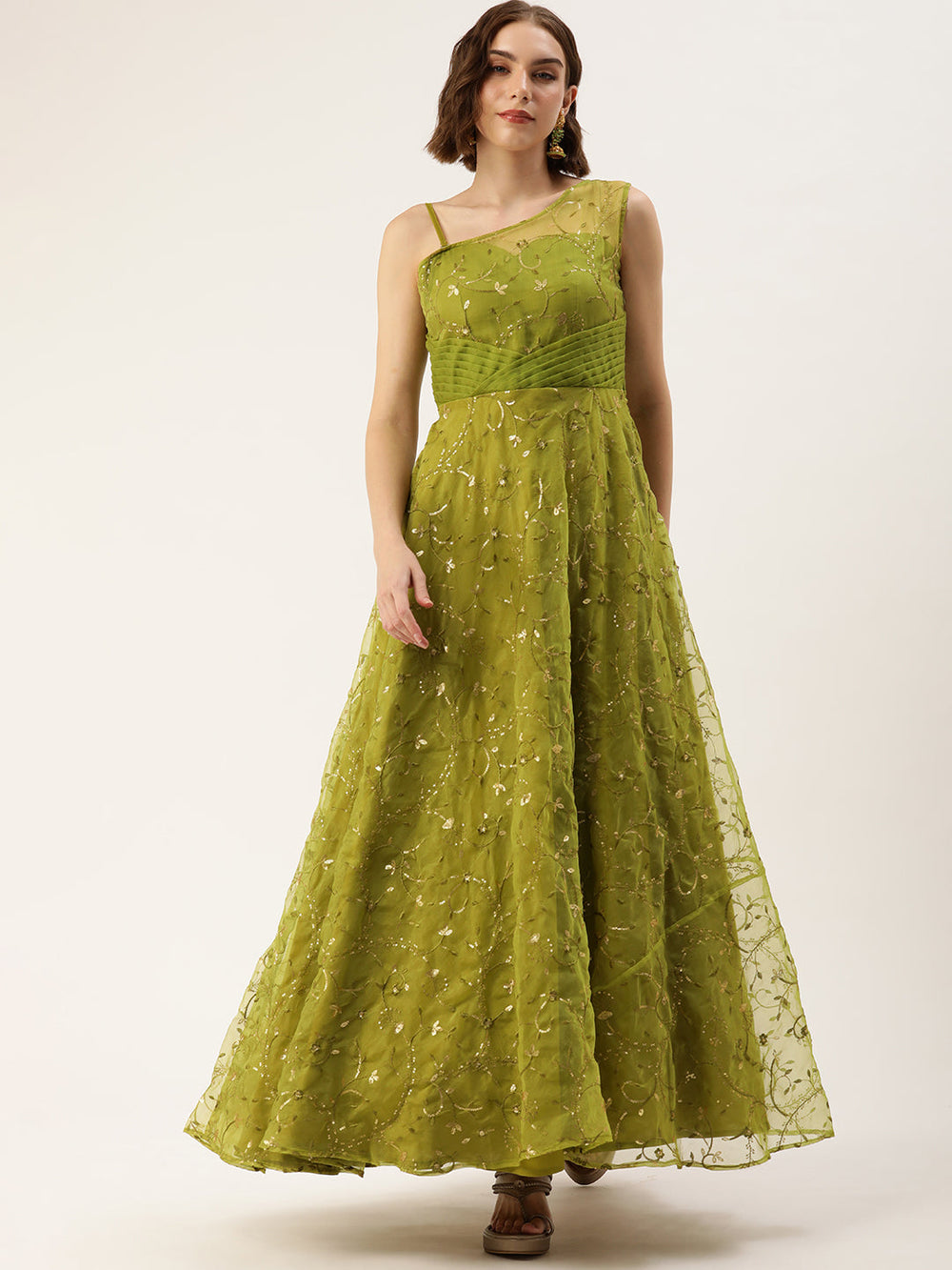 Olive-Green-Organza-Embroidered-One-Shoulder-Gown