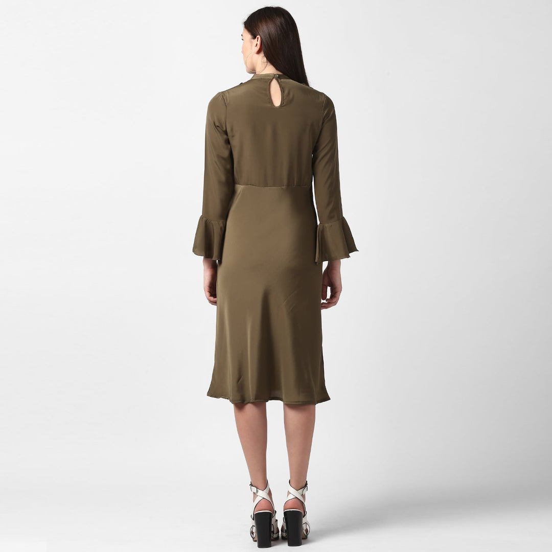 Olive-Polyester-Front-Ruffle-Bell-Sleeve-Dress