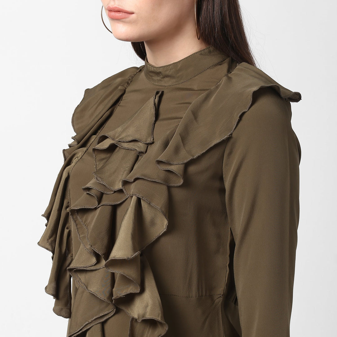 Olive-Polyester-Front-Ruffle-Bell-Sleeve-Dress