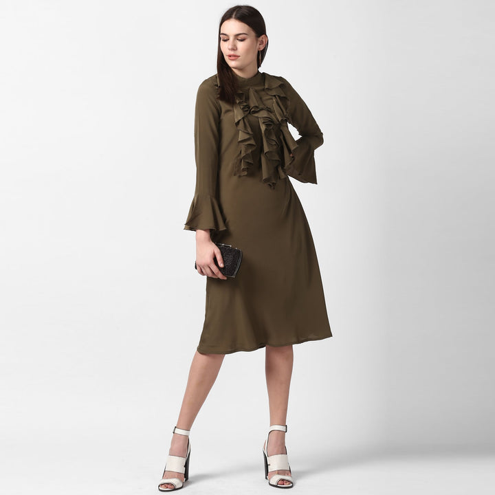 Olive-Polyester-Front-Ruffle-Bell-Sleeve-Dress