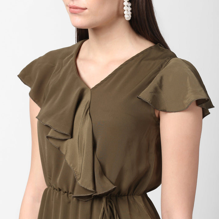 Olive-Polyester-Front-Ruffle-Dress