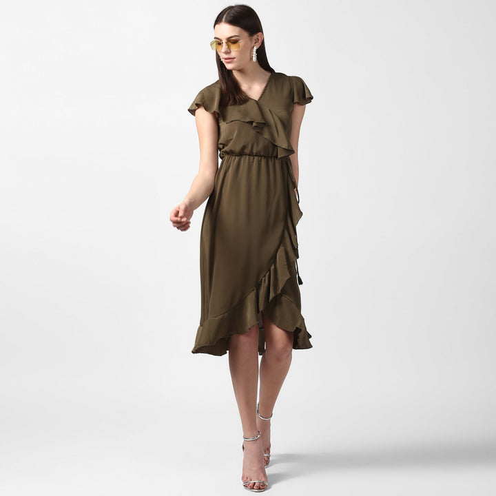 Olive-Polyester-Front-Ruffle-Dress