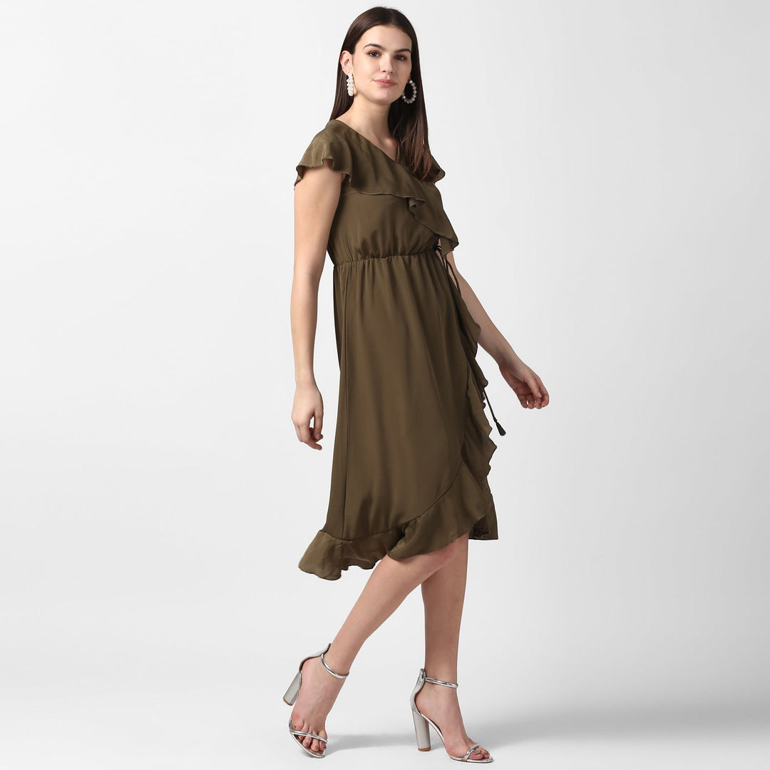 Olive-Polyester-Front-Ruffle-Dress