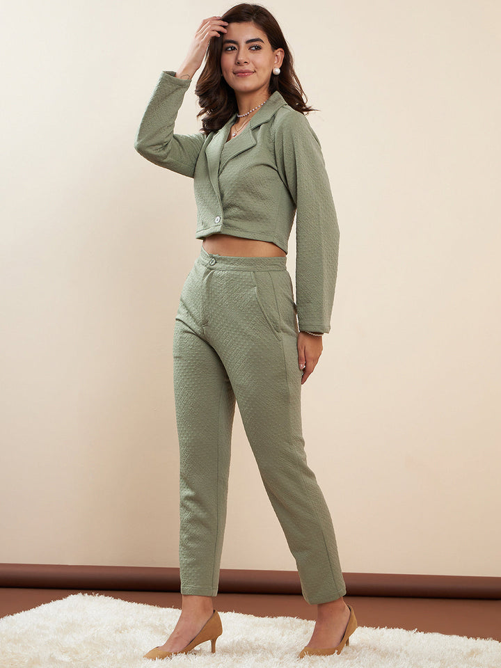 Olive-Polyester-Jacquard-Crop-Blazer-Co-Ord-Set