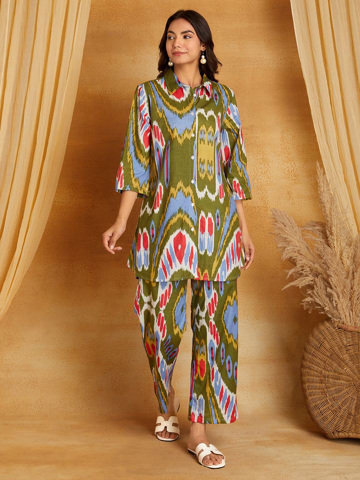 Olive with Multicolored Ikkat Print Co-Ord Set (Set of 2)