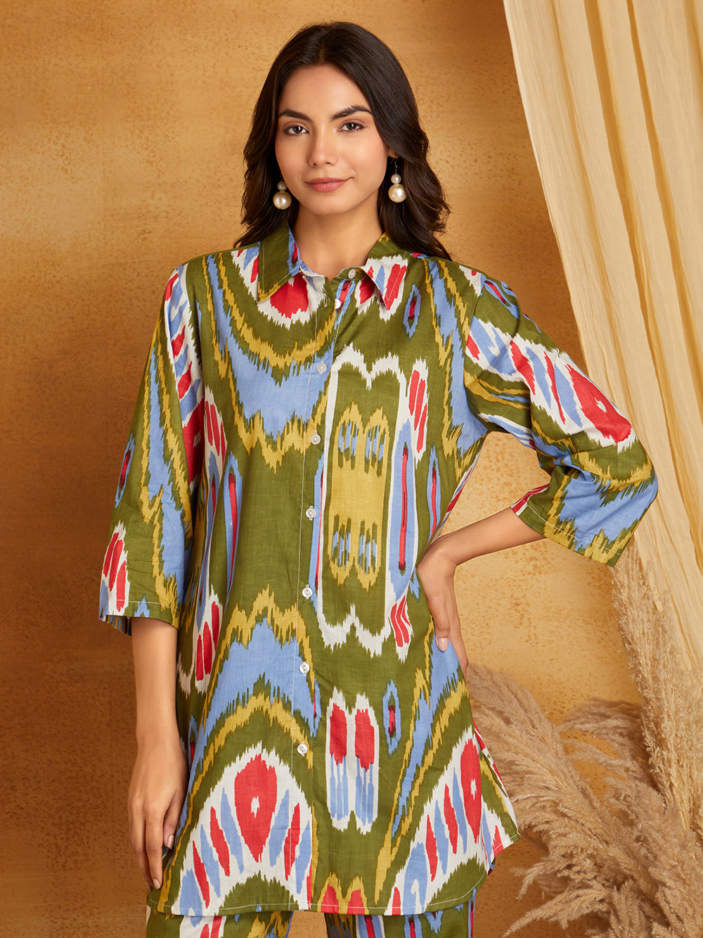 Olive with Multicolored Ikkat Print Co-Ord Set (Set of 2)