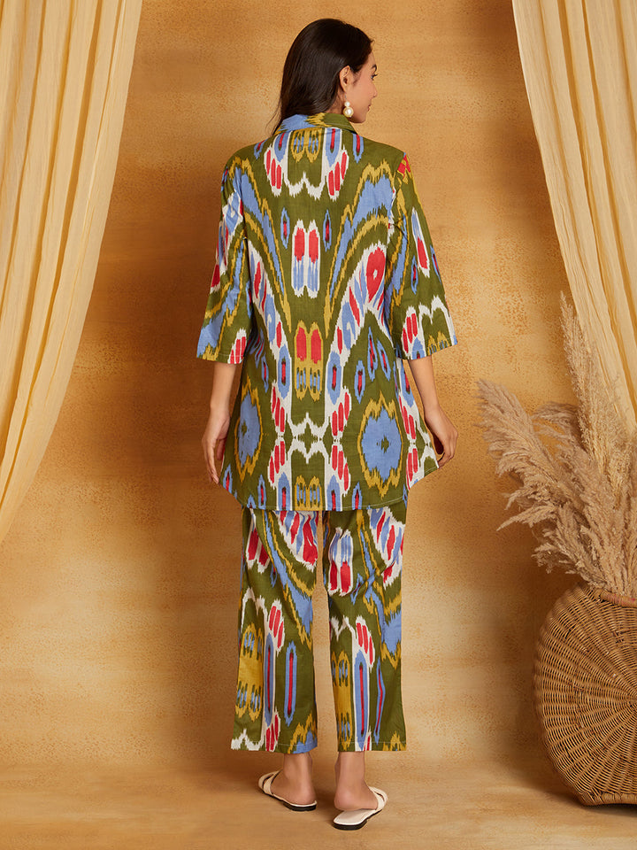 Olive with Multicolored Ikkat Print Co-Ord Set (Set of 2)