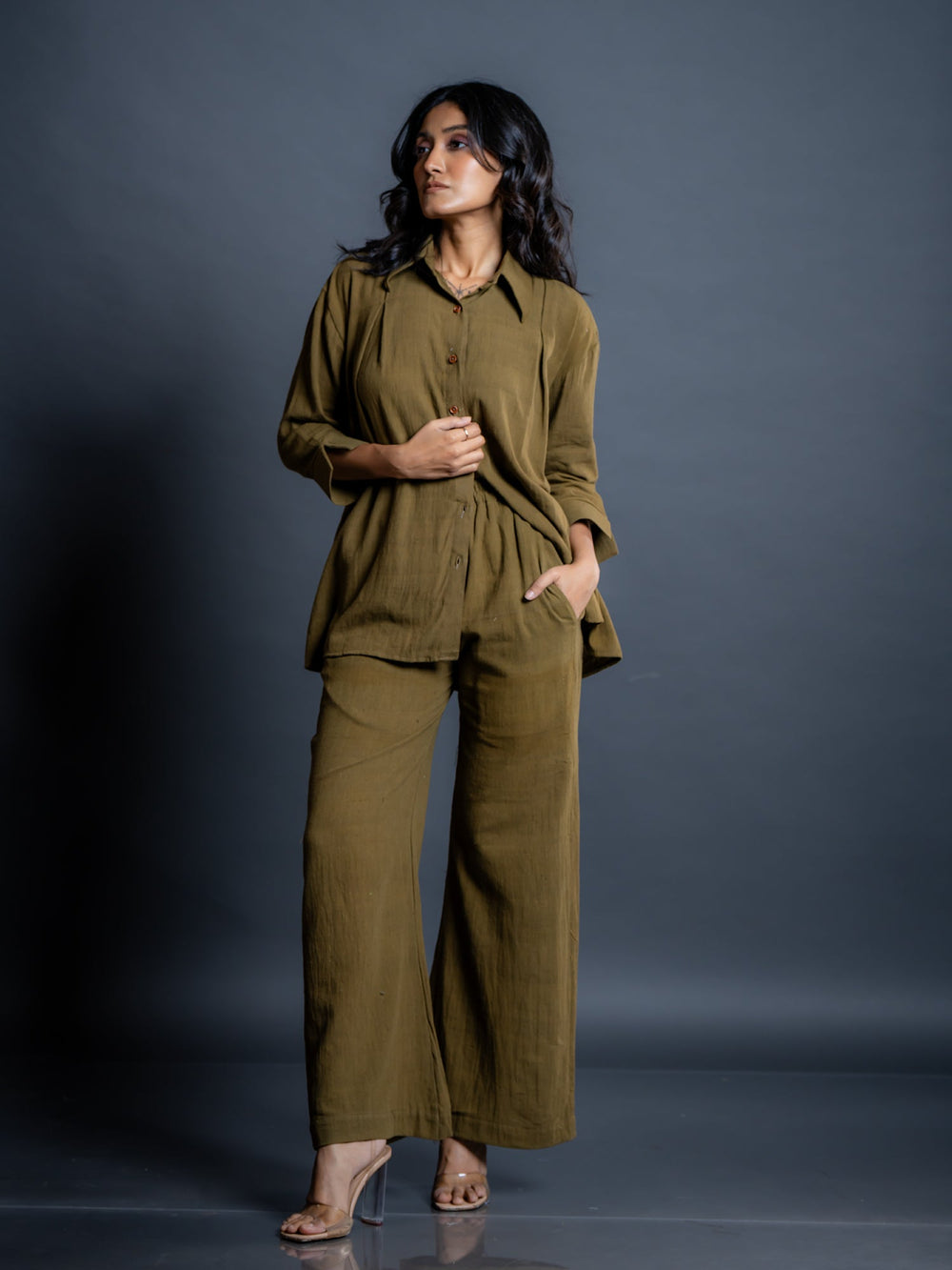 Olive-Green-Cotton-Shirt-Style-Co-Ord-Set