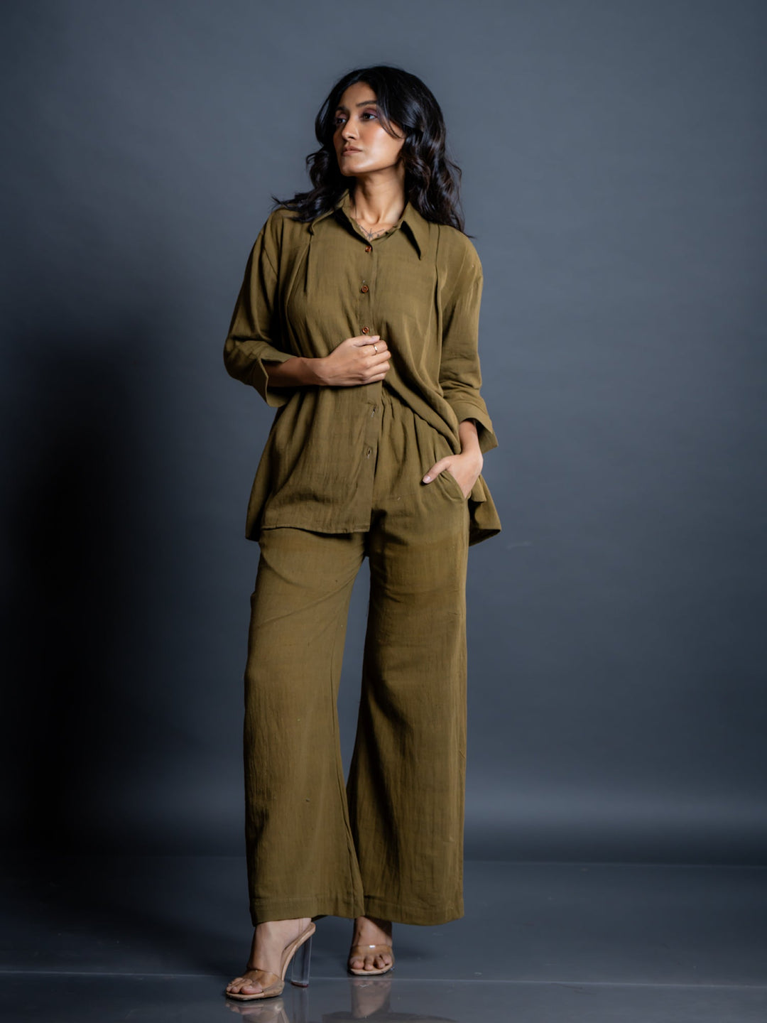 Olive-Green-Cotton-Shirt-Style-Co-Ord-Set