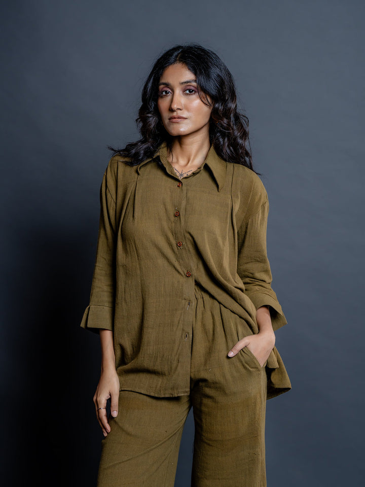 Olive-Green-Cotton-Shirt-Style-Co-Ord-Set