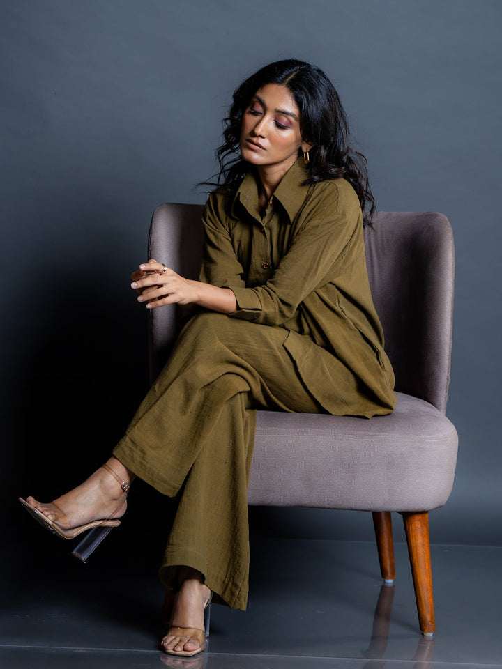 Olive-Green-Cotton-Shirt-Style-Co-Ord-Set