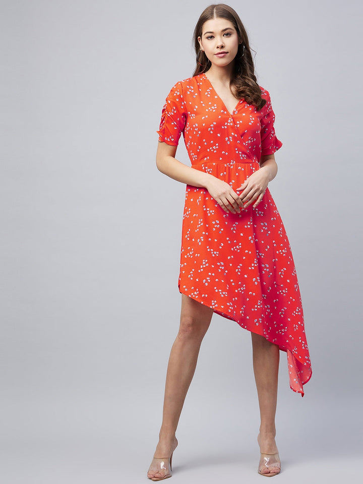 Orange-Polyester-Floral-Printed-V-Neck-Dress