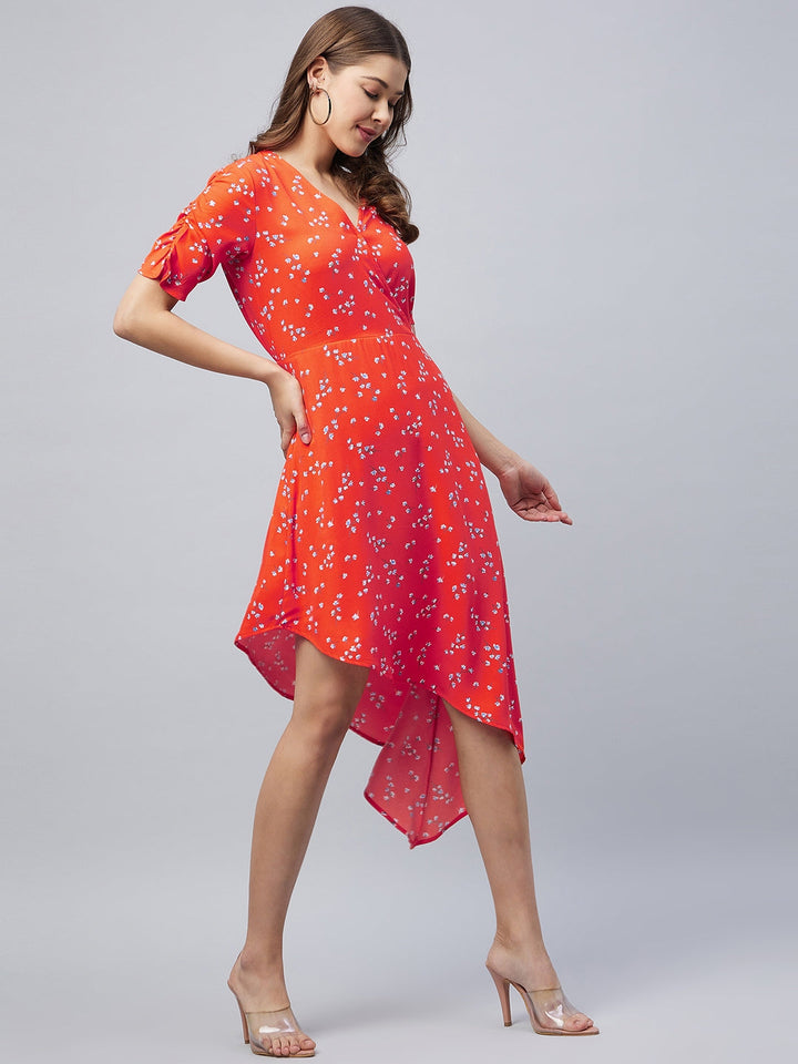 Orange-Polyester-Floral-Printed-V-Neck-Dress