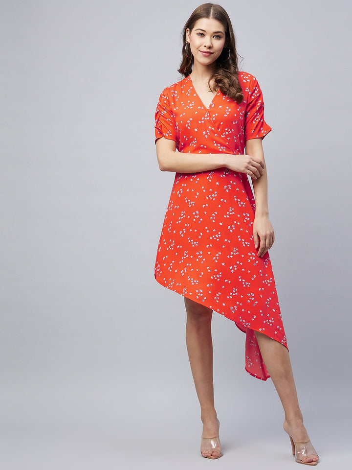 Orange-Polyester-Floral-Printed-V-Neck-Dress