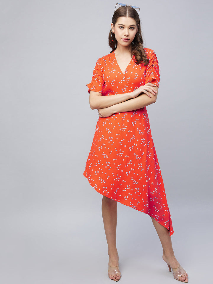 Orange-Polyester-Floral-Printed-V-Neck-Dress