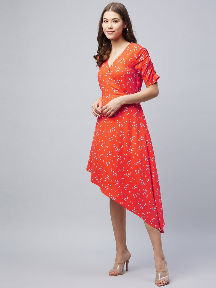 Orange-Polyester-Floral-Printed-V-Neck-Dress