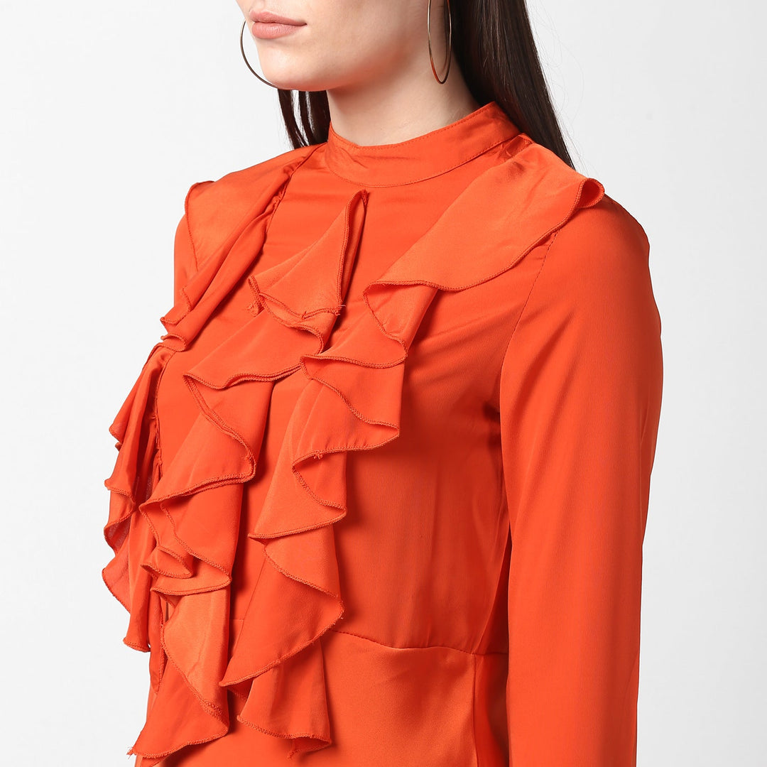 Orange-Polyester-Front-Ruffle-Bell-Sleeve-Dress