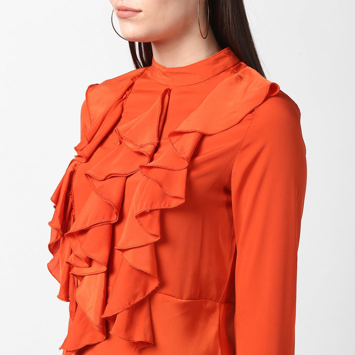 Orange-Polyester-Front-Ruffle-Bell-Sleeve-Dress