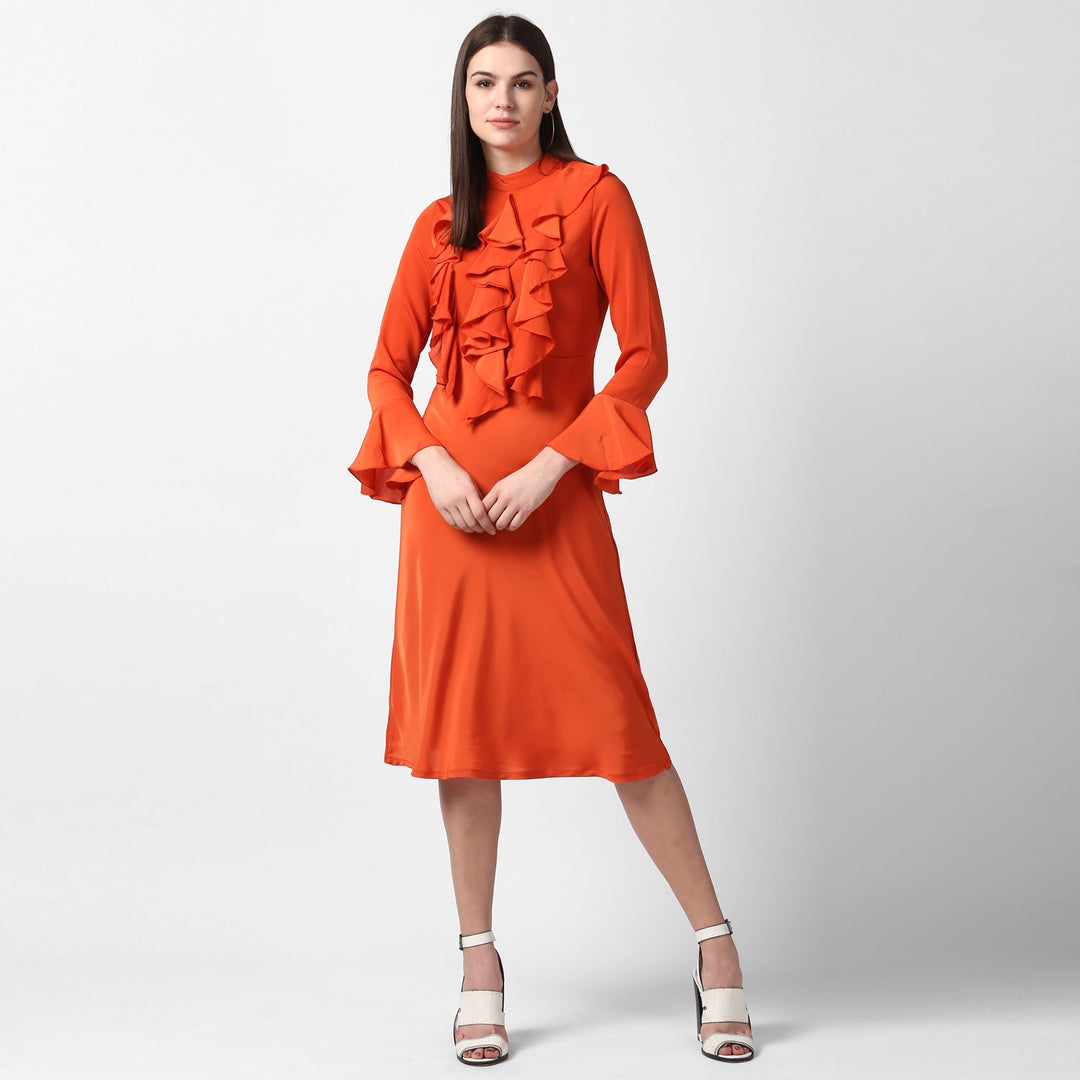 Orange-Polyester-Front-Ruffle-Bell-Sleeve-Dress