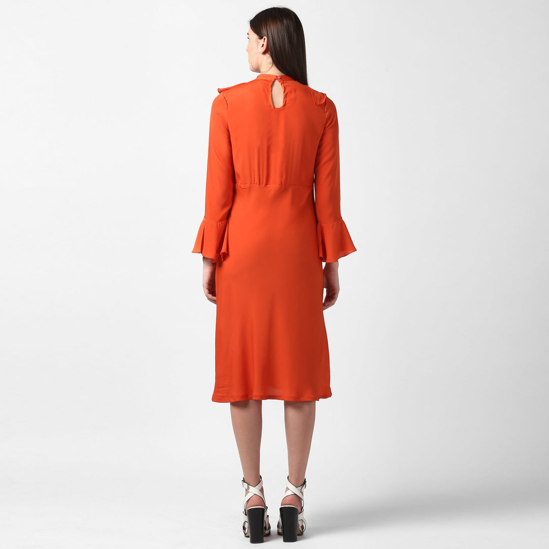 Orange-Polyester-Front-Ruffle-Bell-Sleeve-Dress