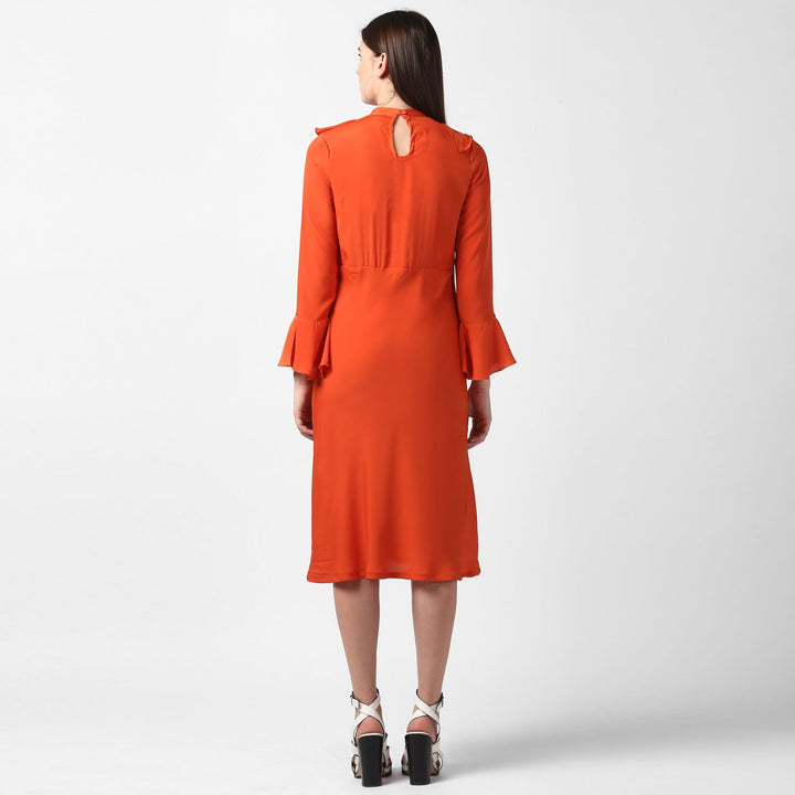 Orange-Polyester-Front-Ruffle-Bell-Sleeve-Dress