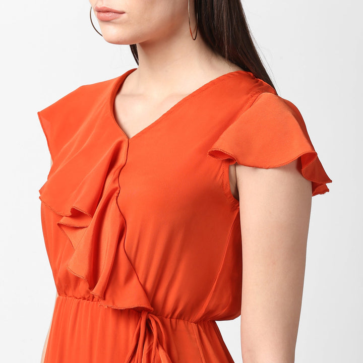 Orange-Polyester-Front-Ruffle-Dress