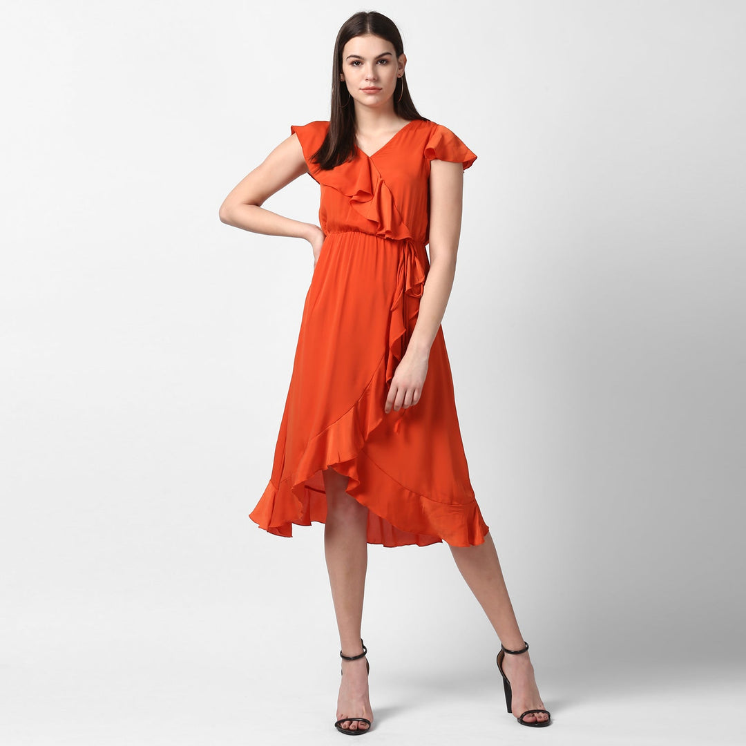 Orange-Polyester-Front-Ruffle-Dress
