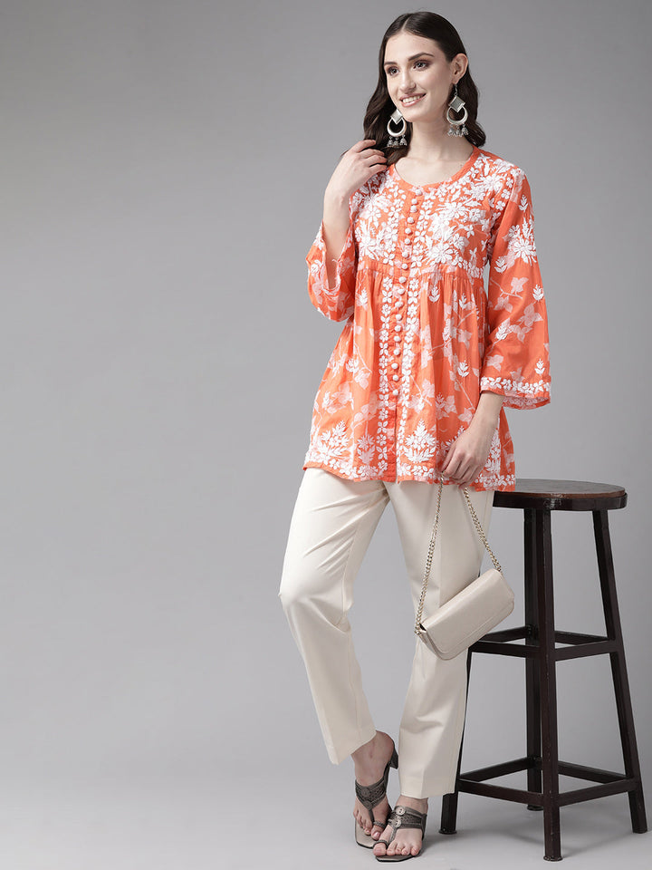 Orange-&-White-Cotton-Floral-Embroidered-Chikankari-Kurti