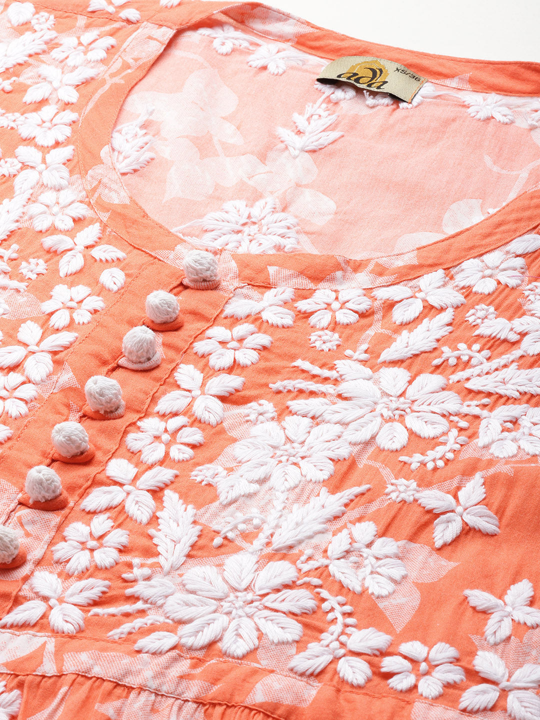 Orange-&-White-Cotton-Floral-Embroidered-Chikankari-Kurti