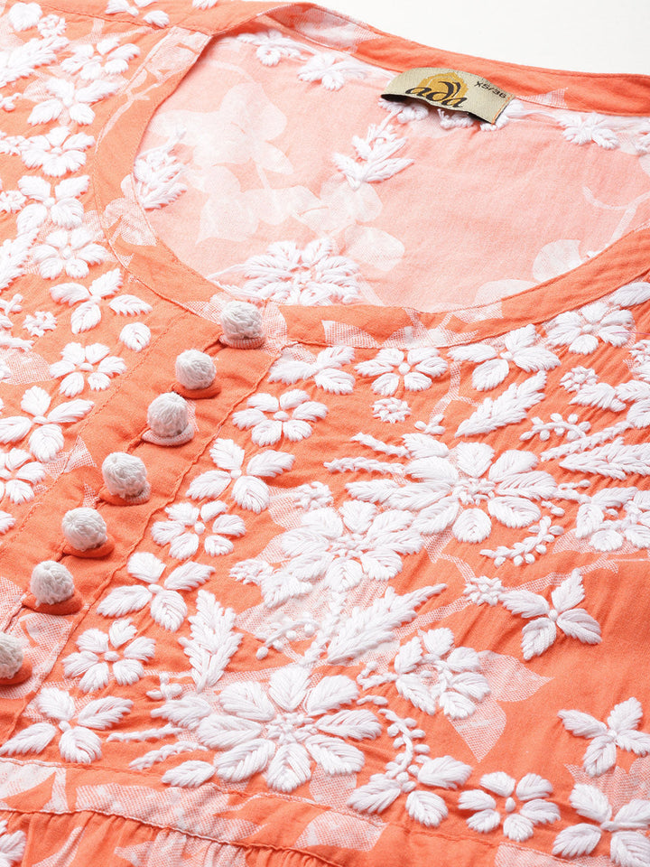 Orange-&-White-Cotton-Floral-Embroidered-Chikankari-Kurti