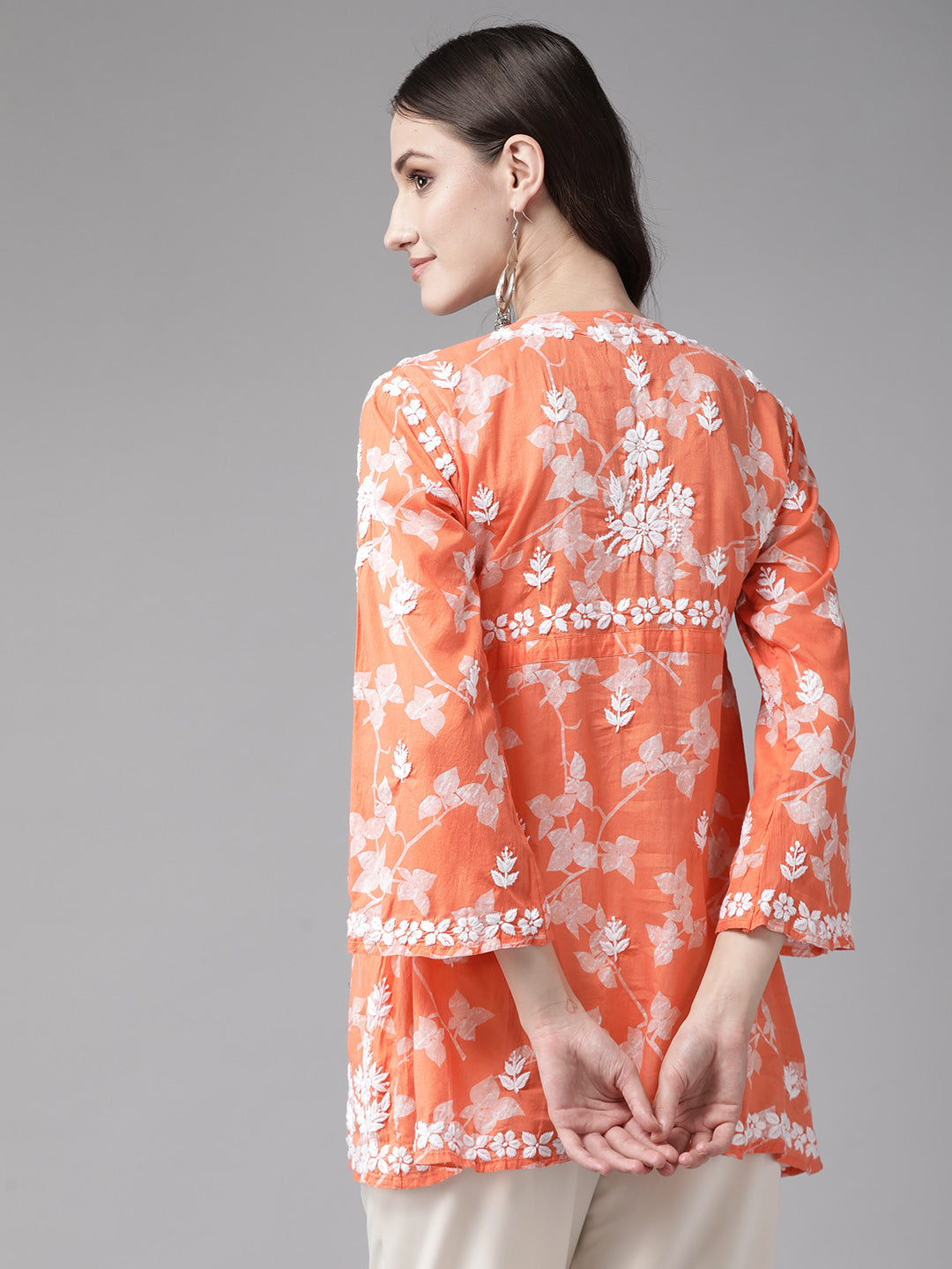 Orange-&-White-Cotton-Floral-Embroidered-Chikankari-Kurti