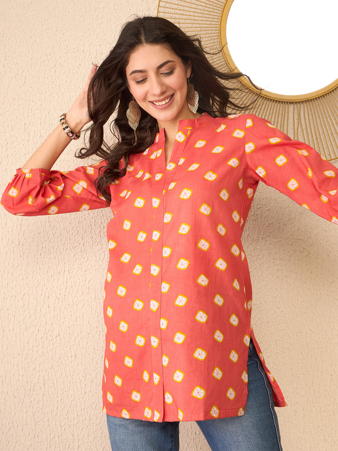 Orange-Cotton-Blend-Shibori-Printed-Tunic-Only