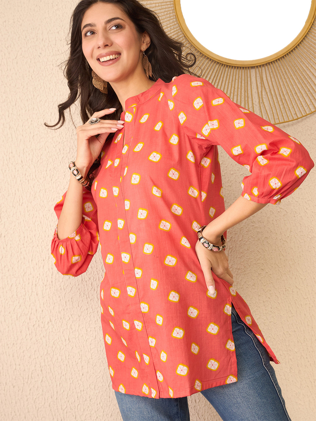 Orange-Cotton-Blend-Shibori-Printed-Tunic-Only