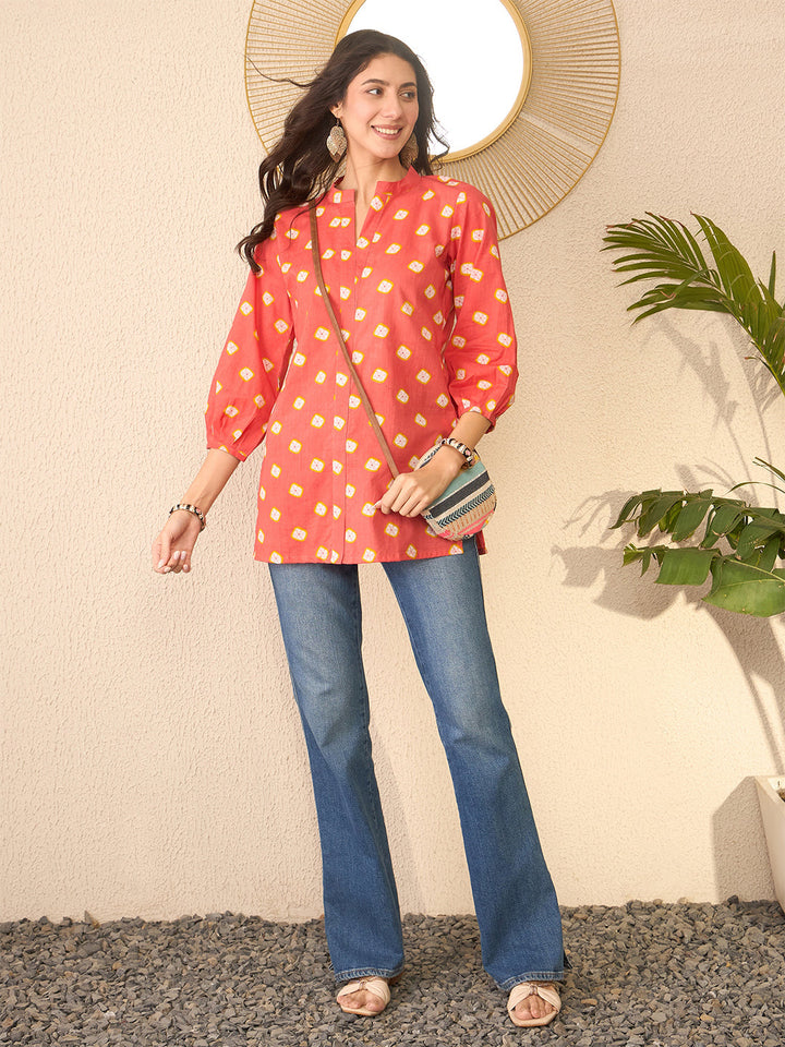 Orange-Cotton-Blend-Shibori-Printed-Tunic-Only