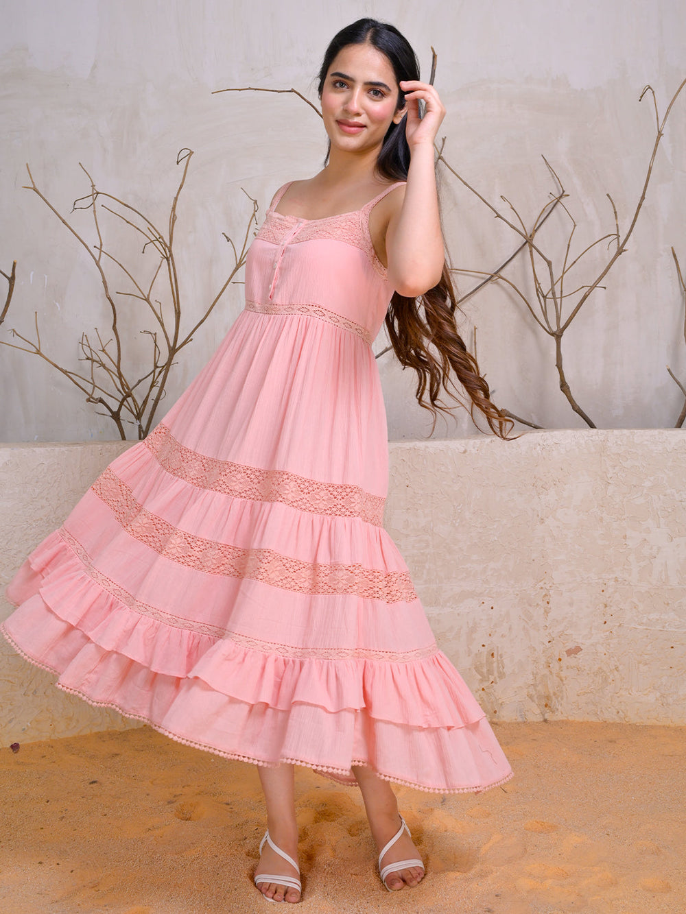 Pink-Peach-Cotton-Sleeveless-Tiered-Midi-Dress