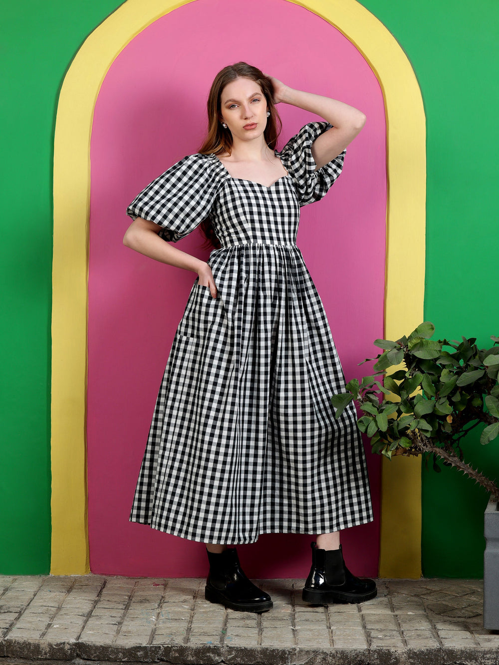 Black-Cotton-Gingham-Check-Midi-Dress