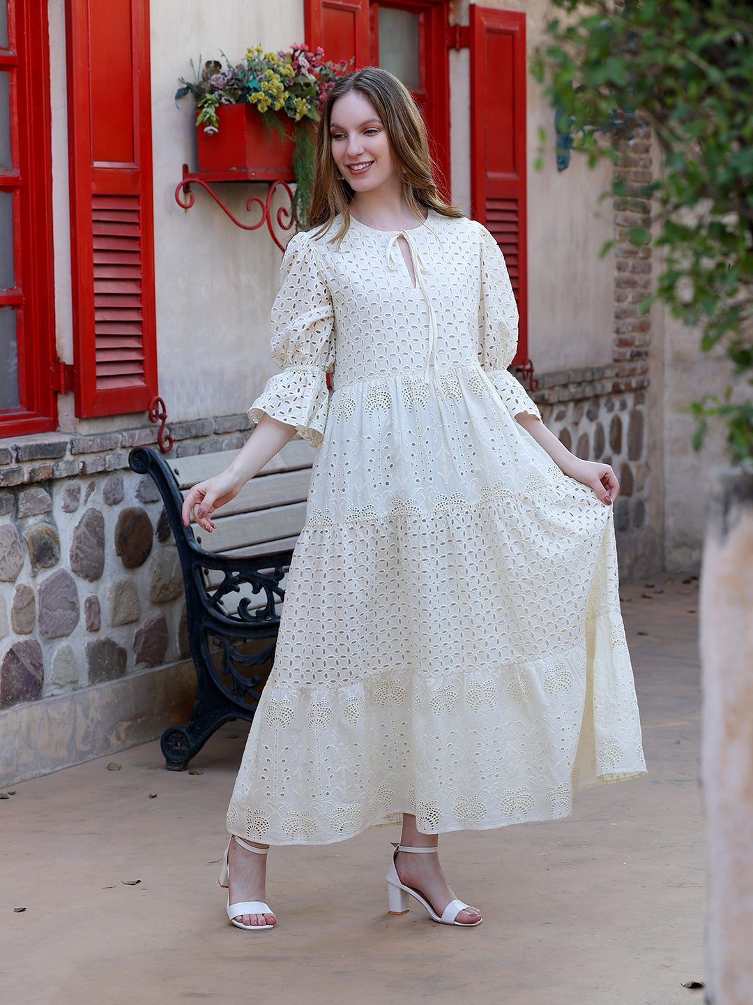 Cream Cotton Schiffli Embroidered Tiered Maxi Dress