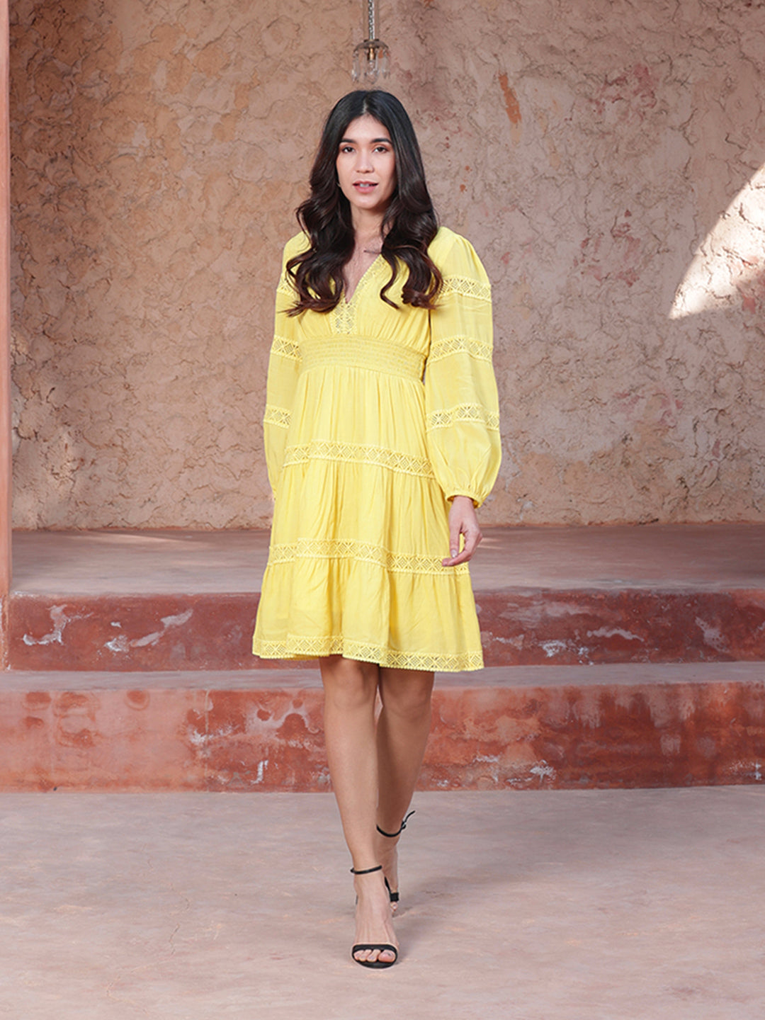 Yellow-Cotton-Lace-Insert-Midi-Dress