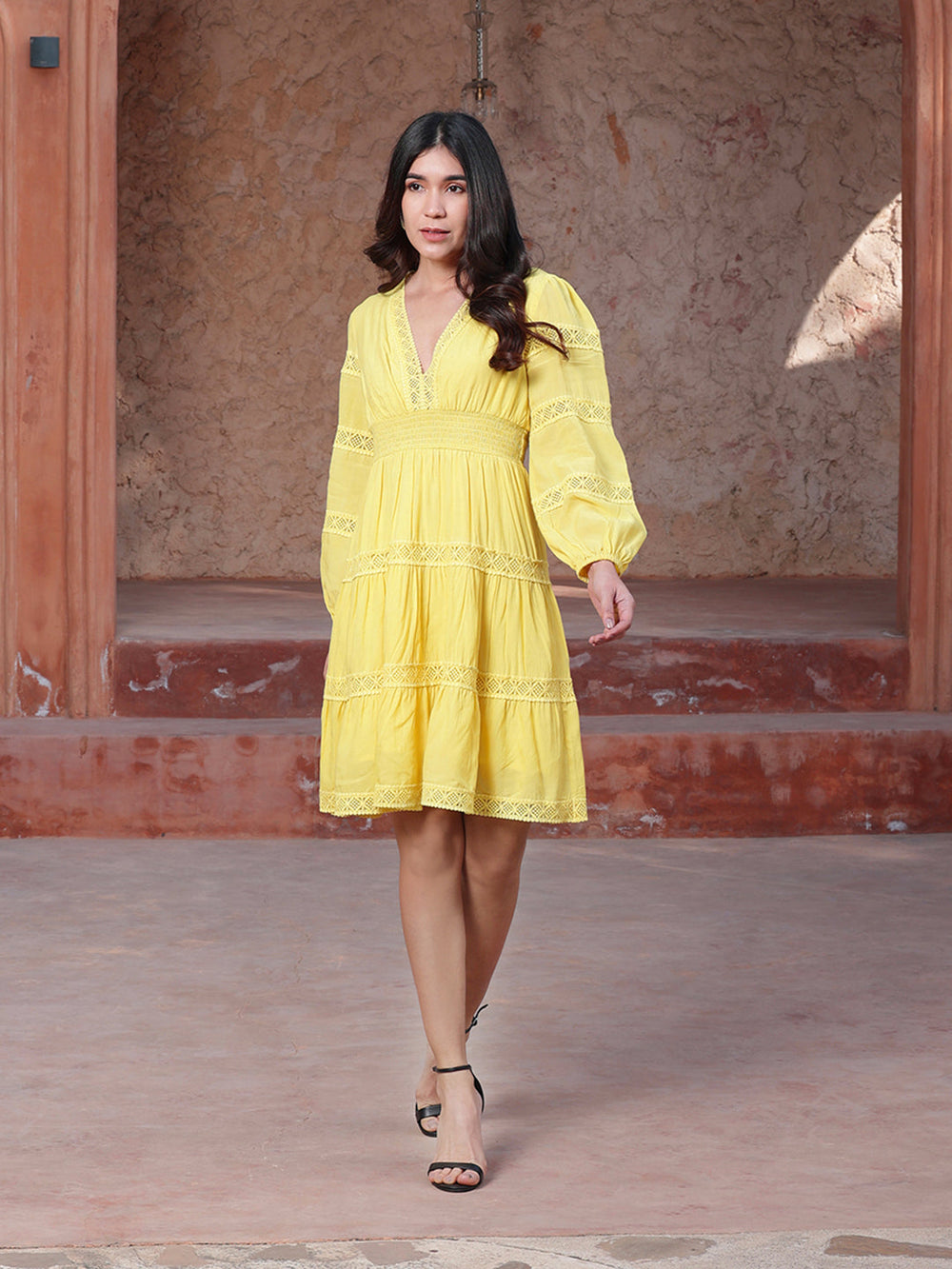 Yellow-Cotton-Lace-Insert-Midi-Dress