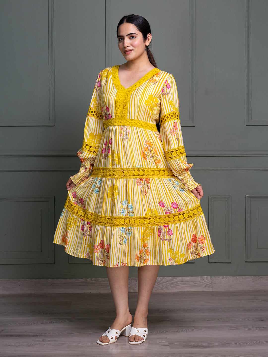 Yellow-Cotton-Floral-Stripe-Printed-Midi-Dress