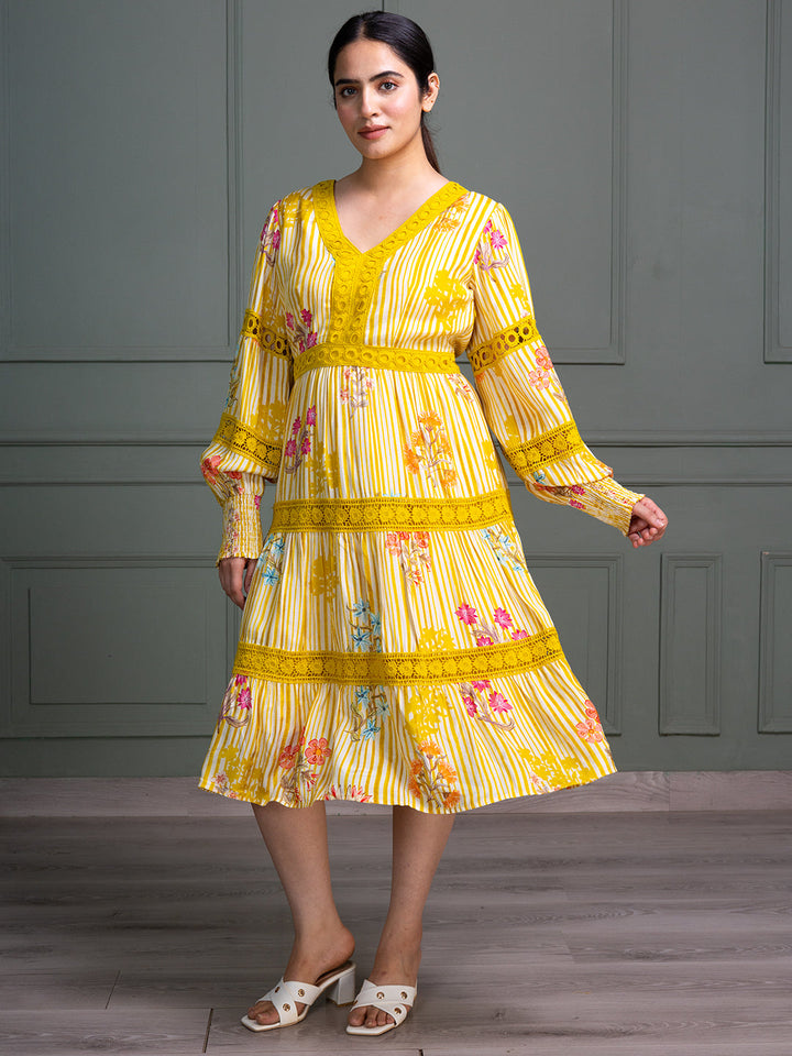 Yellow-Cotton-Floral-Stripe-Printed-Midi-Dress