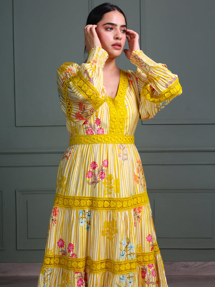 Yellow-Cotton-Floral-Stripe-Printed-Midi-Dress